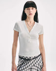 Firelady Fur Pure Fashion off-white V-neck short sleeve slim top on model front view