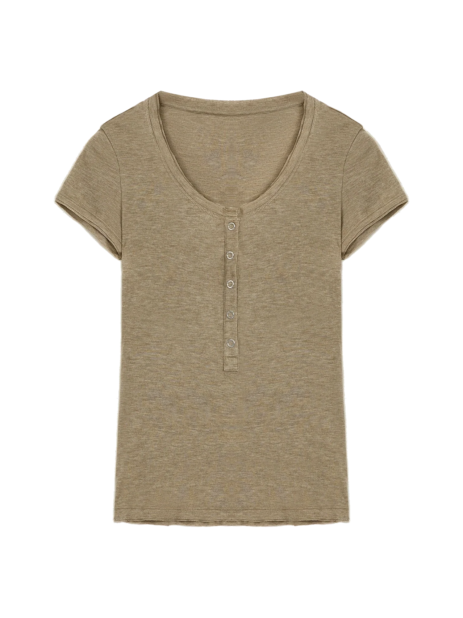 Firelady Fur Pure Fashion soft light khaki Henley short sleeve knit top transparent product image