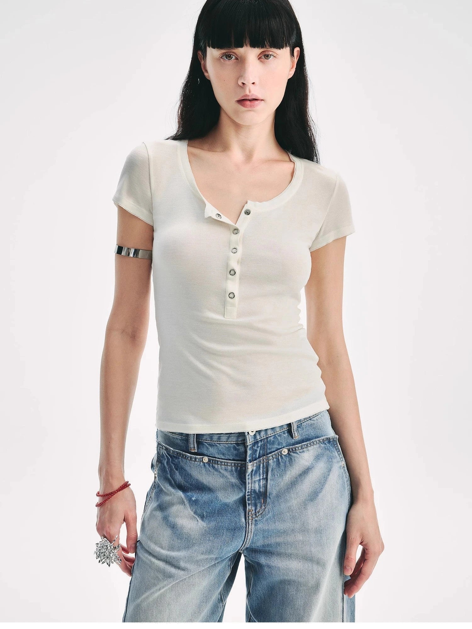 Firelady Fur Pure Fashion white Henley short sleeve slim knit top on model front view