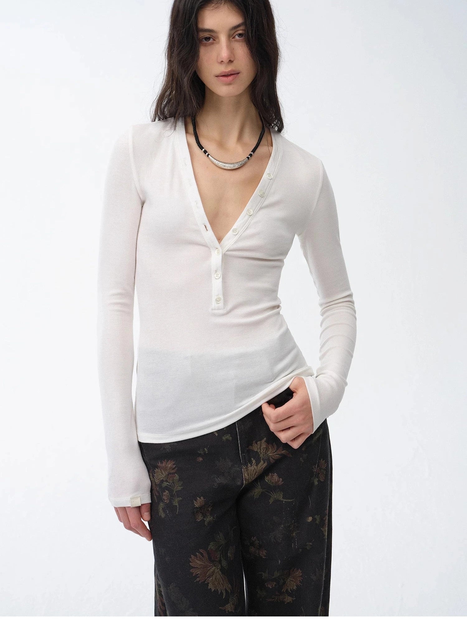 Firelady Fur Pure Fashion white V-neck long sleeve slim top on model front view