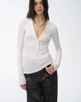 Firelady Fur Pure Fashion white V-neck long sleeve slim top on model front view