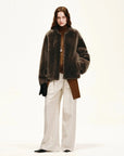 Quiet Warmth dark brown Merino shearling jacket, full-length outfit view