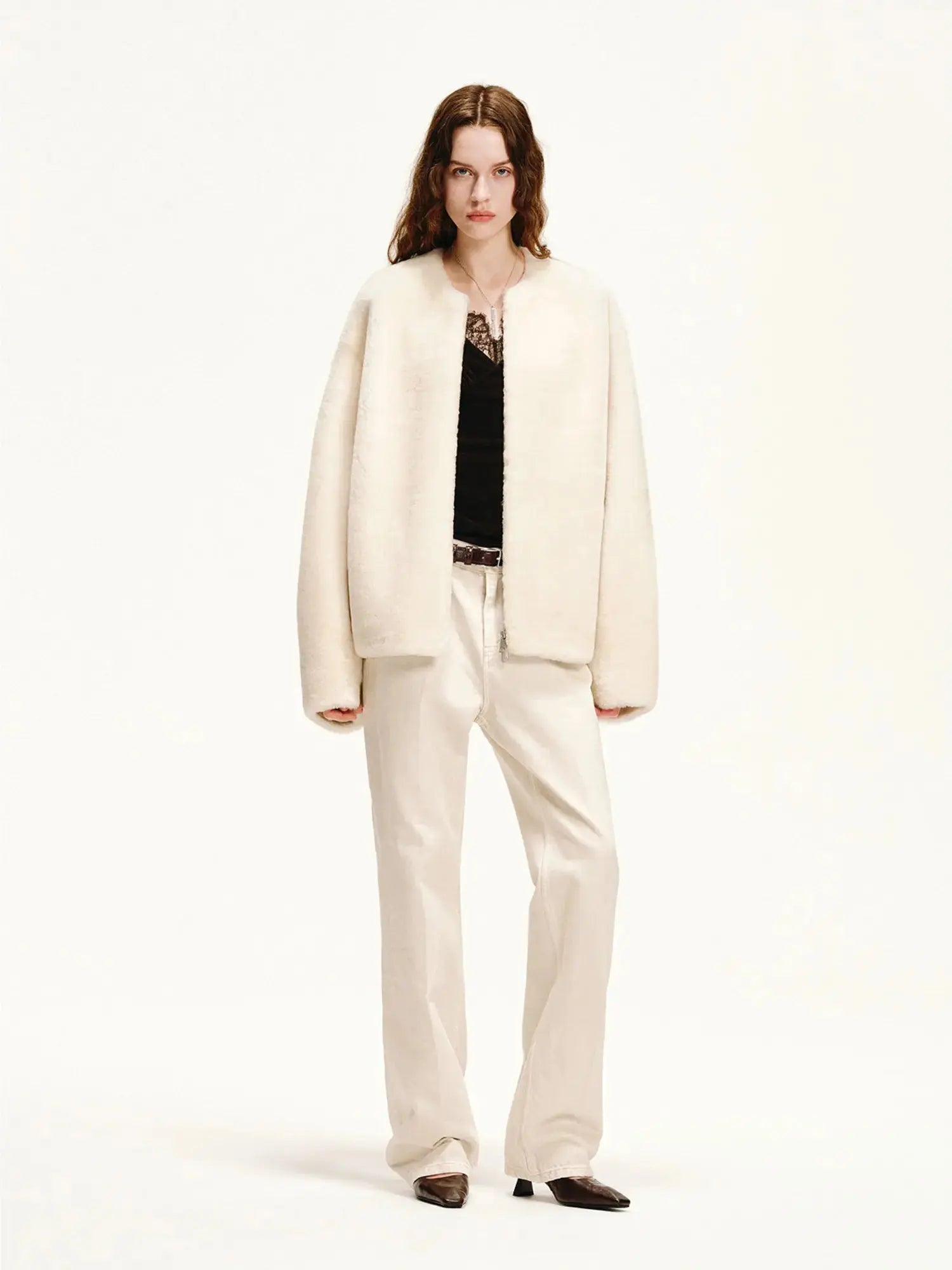 Quiet Warmth ivory Merino shearling short jacket, full-length styling view