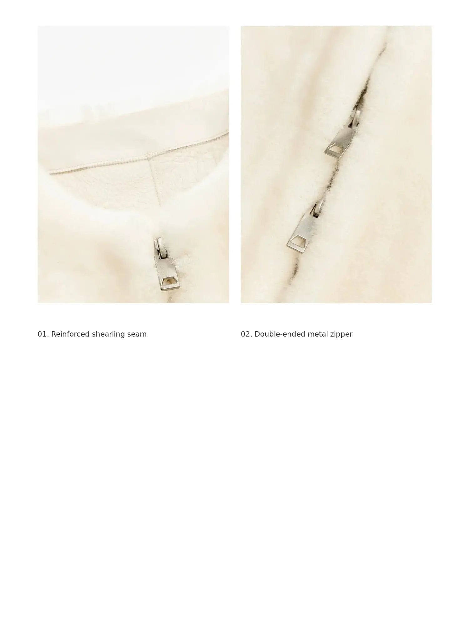 Quiet Warmth Merino shearling jacket zipper and seam construction details