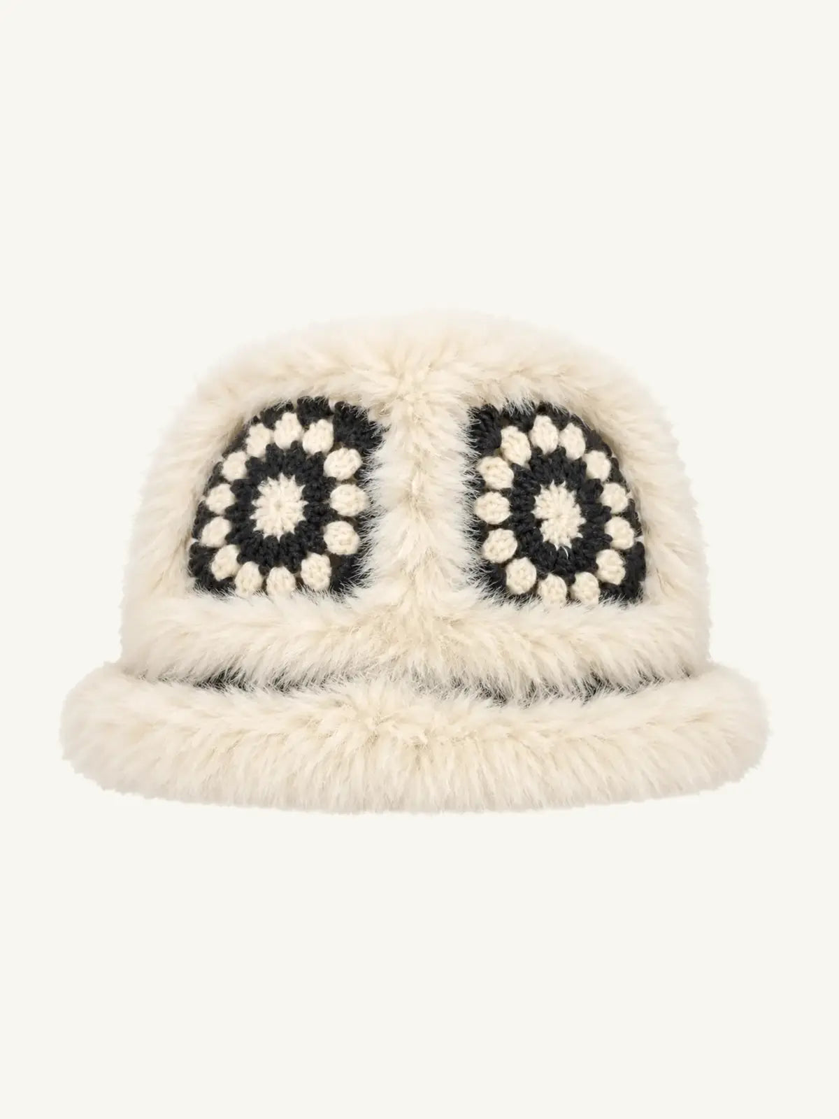 Milk tea rabbit fur knitted plush hat for women with ethnic motif