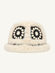 Milk tea rabbit fur knitted plush hat for women with ethnic motif