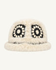 Milk tea rabbit fur knitted plush hat for women with ethnic motif
