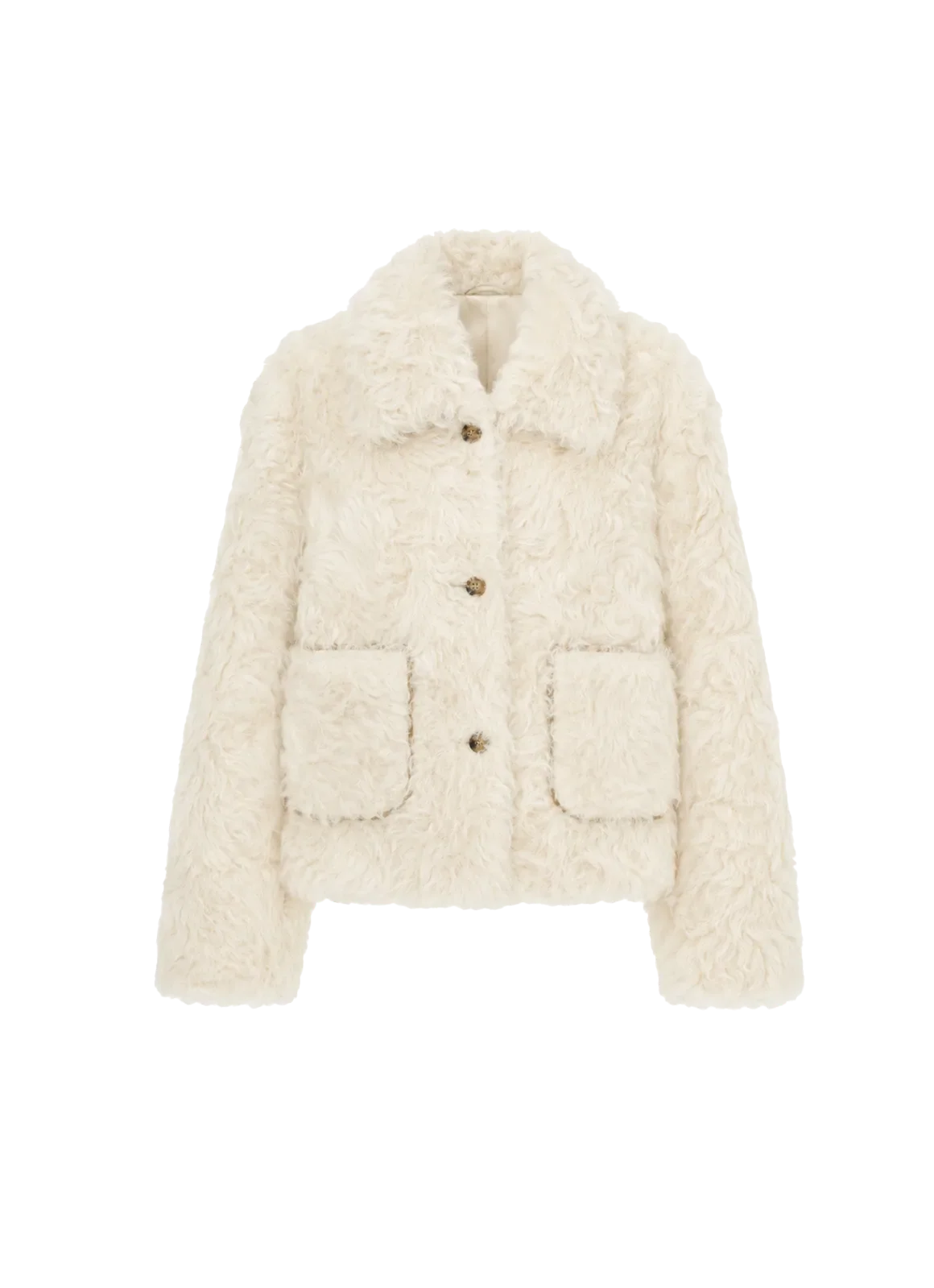 Rachel off-white frost-smudged two-tone curly wool shearling coat, front product view