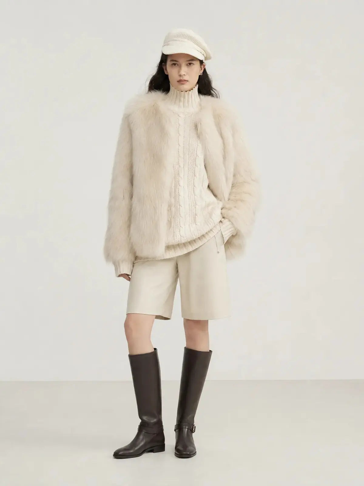 Reed Flower beige almond fox fur coat full-length model view