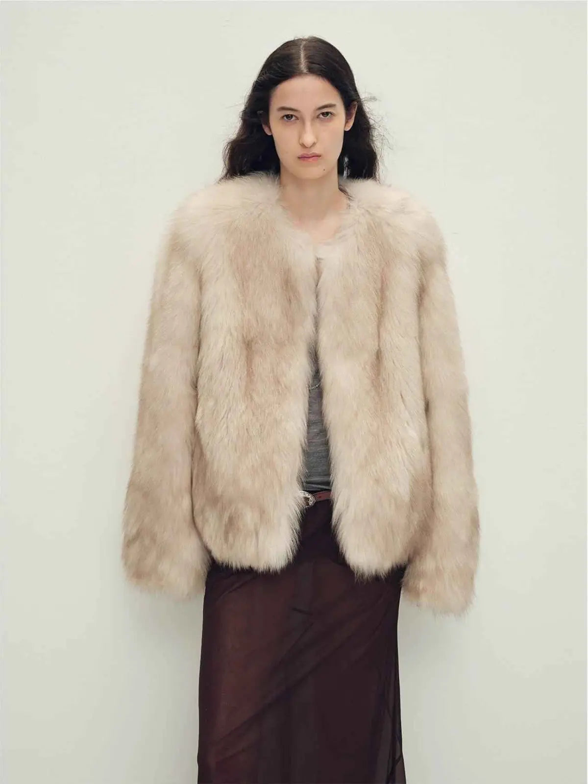 Reed Flower cherry blossom pink fox fur coat on model