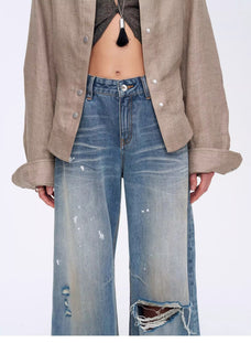 "Refreshing West Coast" Straight - Cut Selvedge Jeans with Smudged & Splashed Ink Detailing - variant_title