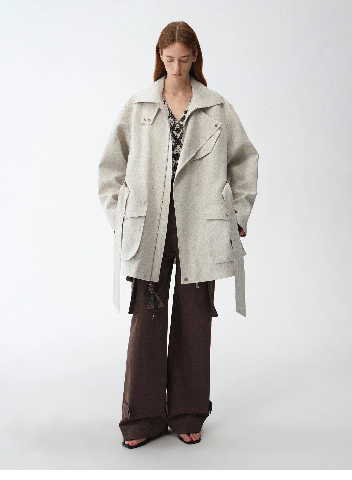 Relaxed Gold Linen Blend Lace - Up Mid - Length Trench Coat Spring"Flynn Magazine" - variant_title
