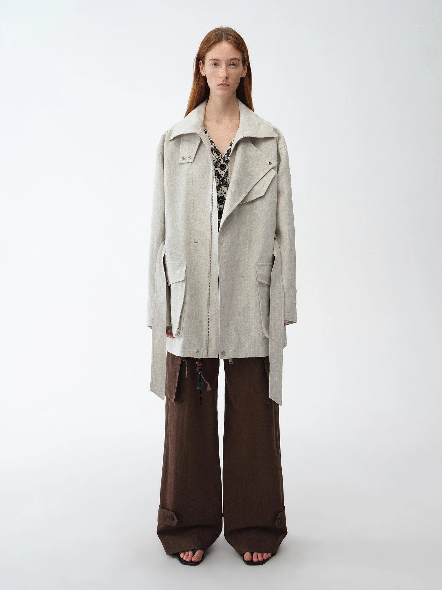 Relaxed Gold Linen Blend Lace - Up Mid - Length Trench Coat Spring"Flynn Magazine" - variant_title