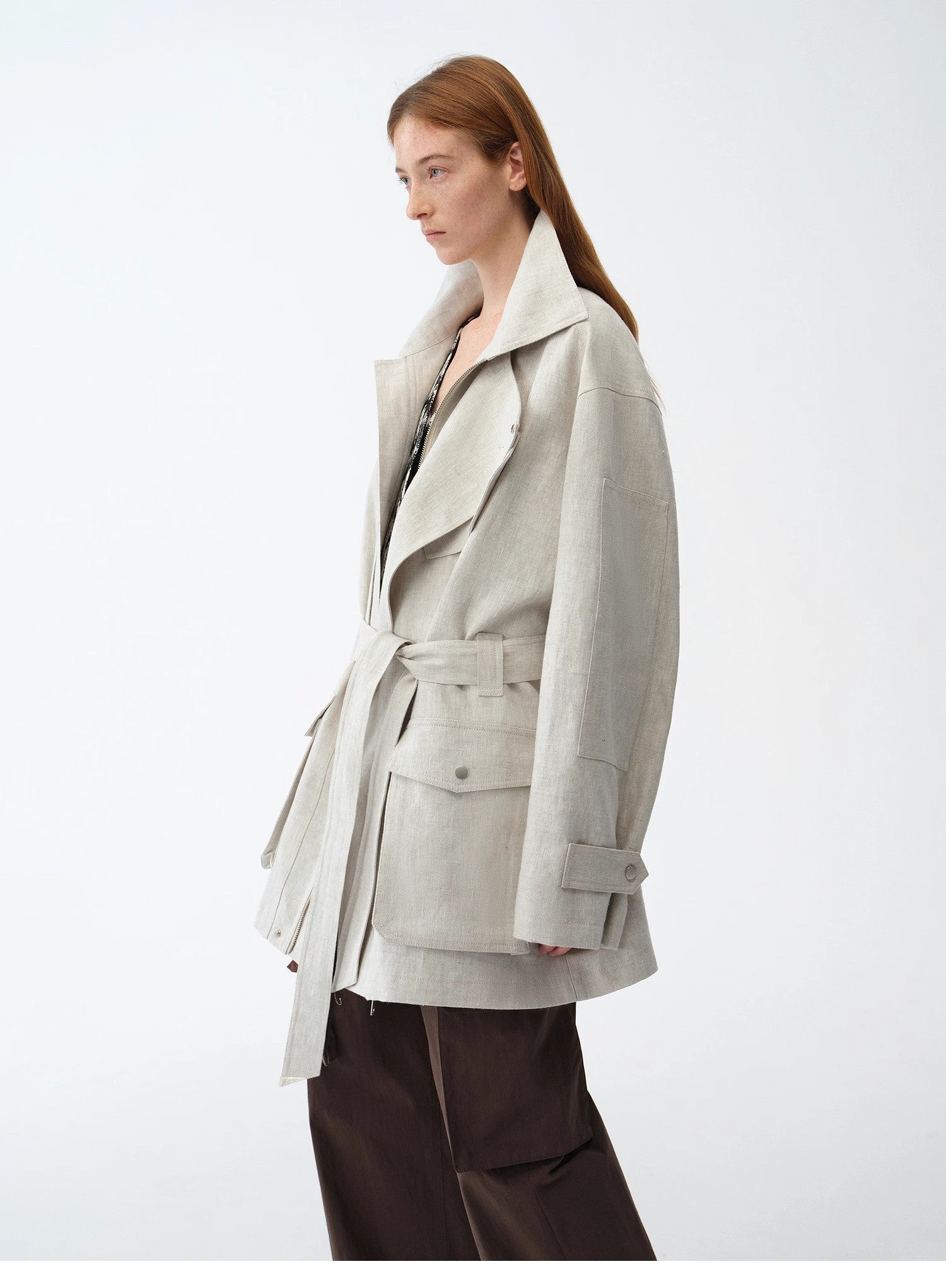 Relaxed Gold Linen Blend Lace - Up Mid - Length Trench Coat Spring"Flynn Magazine" - variant_title