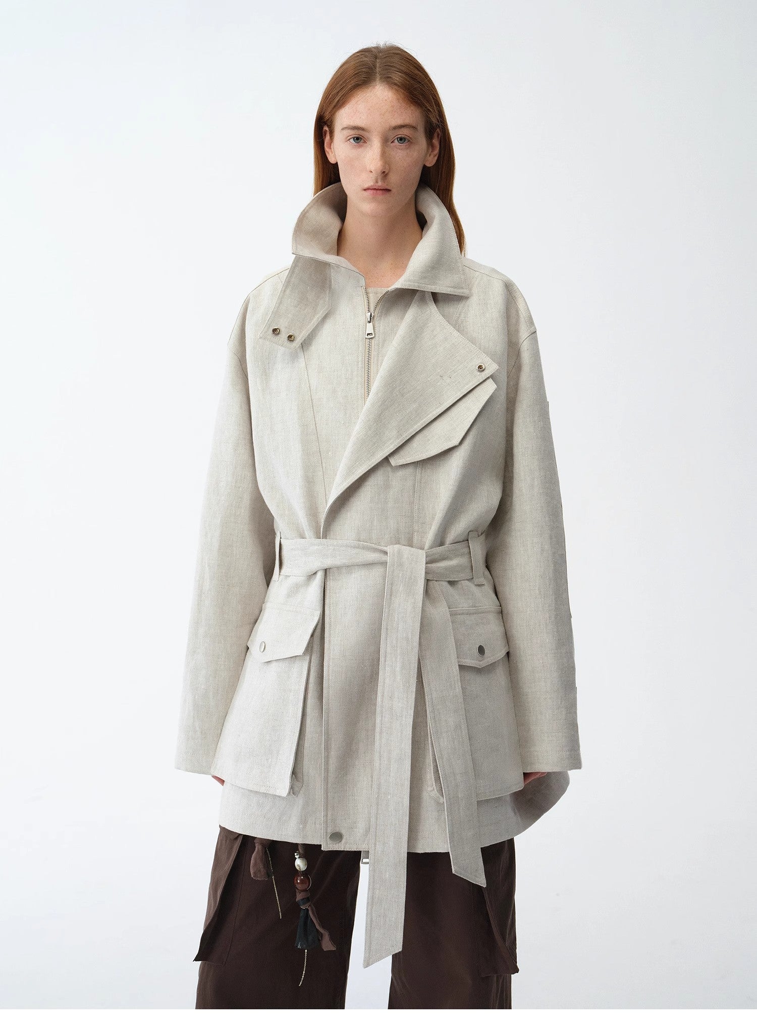 Relaxed Gold Linen Blend Lace - Up Mid - Length Trench Coat Spring"Flynn Magazine" - variant_title