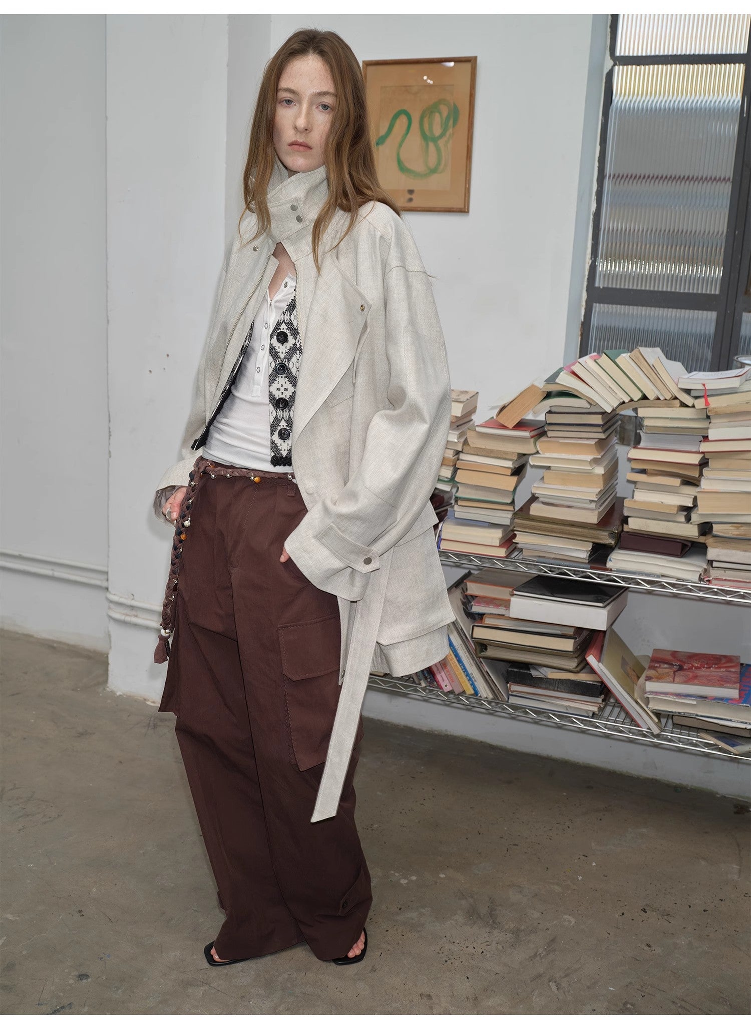 Relaxed Gold Linen Blend Lace - Up Mid - Length Trench Coat Spring"Flynn Magazine" - variant_title