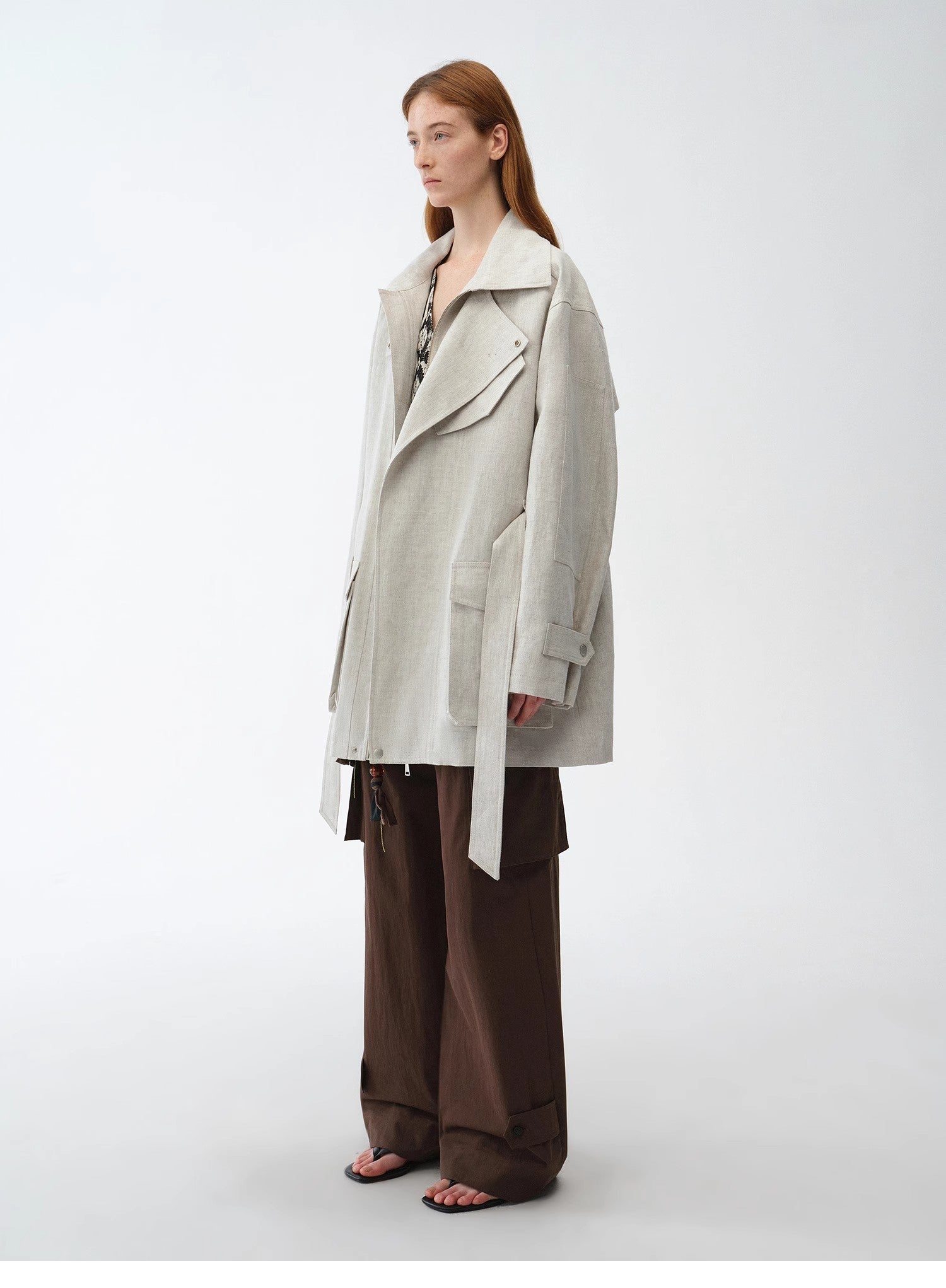 Relaxed Gold Linen Blend Lace - Up Mid - Length Trench Coat Spring"Flynn Magazine" - variant_title