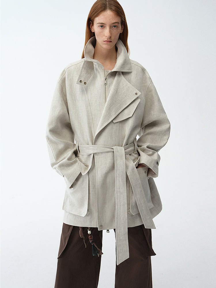 Relaxed Gold Linen Blend Lace - Up Mid - Length Trench Coat Spring"Flynn Magazine" - variant_title