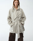 Relaxed Gold Linen Blend Lace - Up Mid - Length Trench Coat Spring"Flynn Magazine" - variant_title