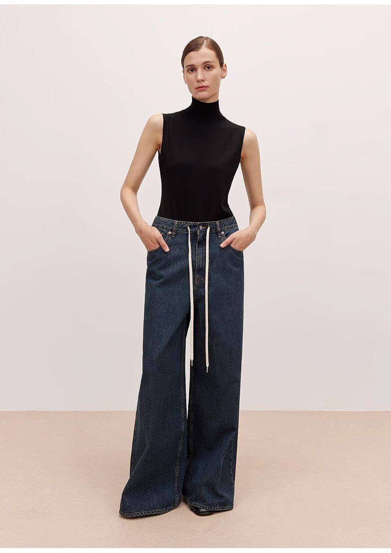 "Retro Blues" fashionable high waist pleated design washed casual wide leg jeans for women - variant_title