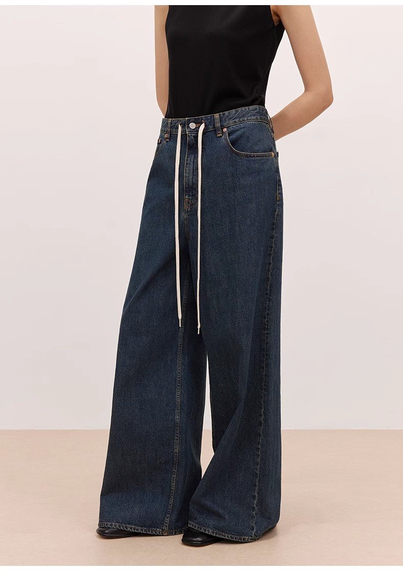 "Retro Blues" fashionable high waist pleated design washed casual wide leg jeans for women - variant_title
