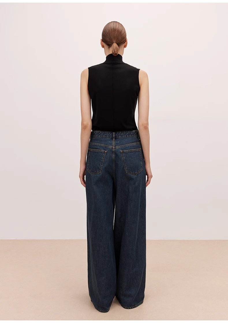 "Retro Blues" fashionable high waist pleated design washed casual wide leg jeans for women - variant_title