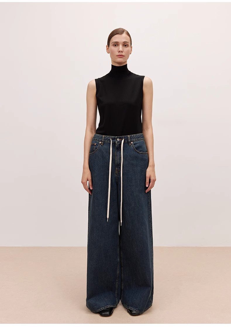 "Retro Blues" fashionable high waist pleated design washed casual wide leg jeans for women - variant_title