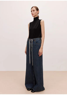 "Retro Blues" fashionable high waist pleated design washed casual wide leg jeans for women - variant_title
