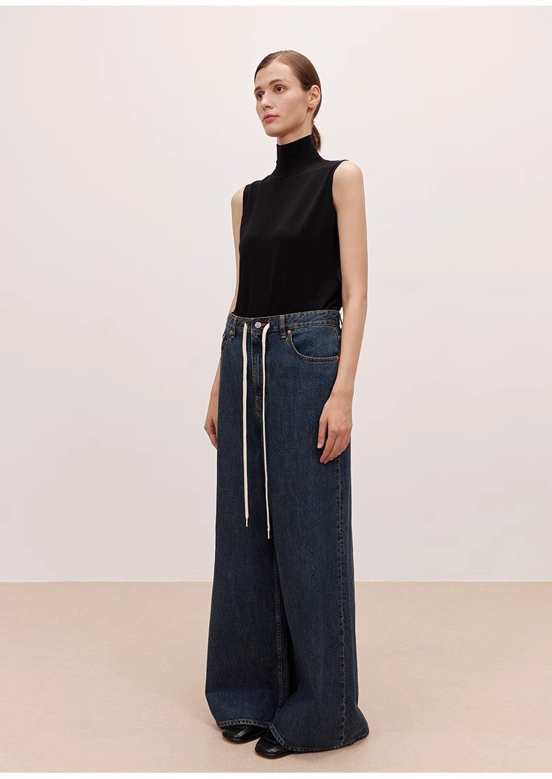 "Retro Blues" fashionable high waist pleated design washed casual wide leg jeans for women - variant_title