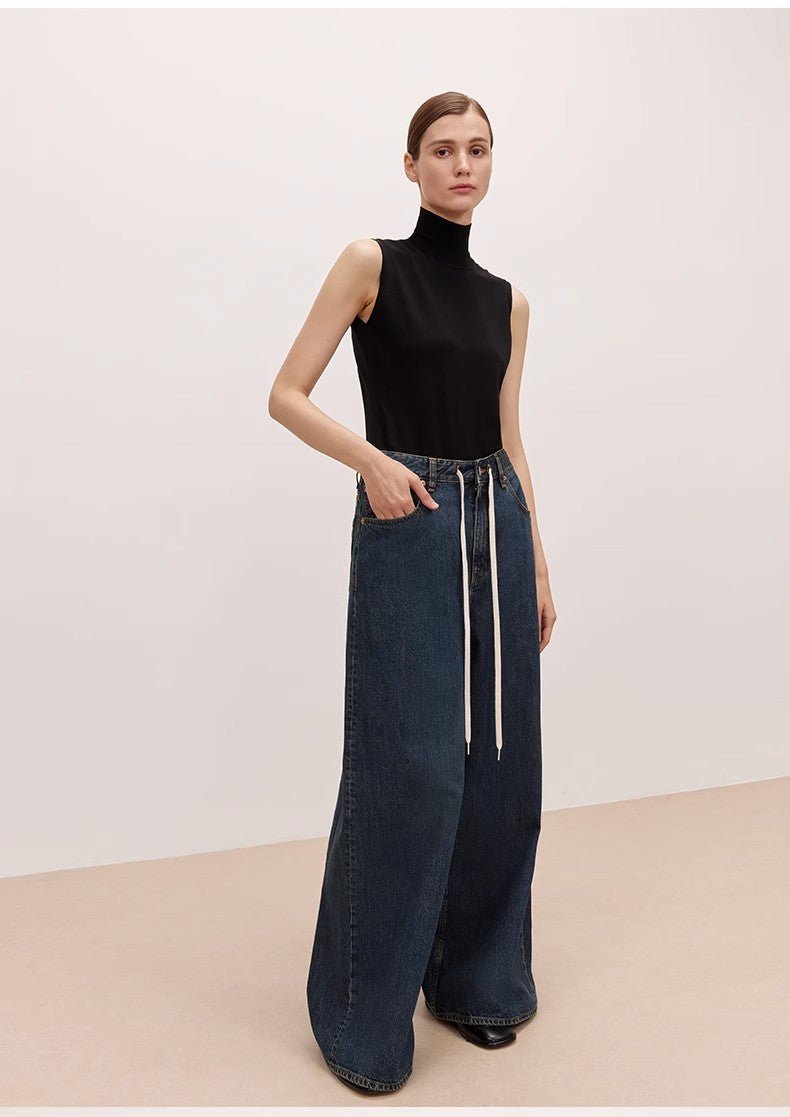"Retro Blues" fashionable high waist pleated design washed casual wide leg jeans for women - variant_title