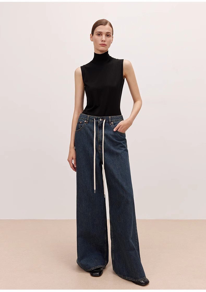 "Retro Blues" fashionable high waist pleated design washed casual wide leg jeans for women - variant_title