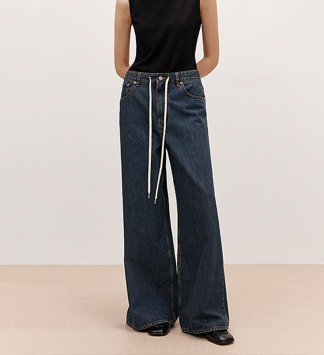 "Retro Blues" fashionable high waist pleated design washed casual wide leg jeans for women - variant_title