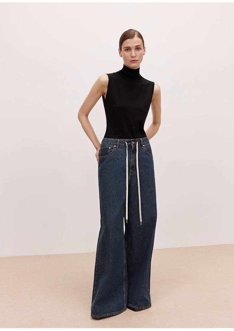 "Retro Blues" fashionable high waist pleated design washed casual wide leg jeans for women - variant_title