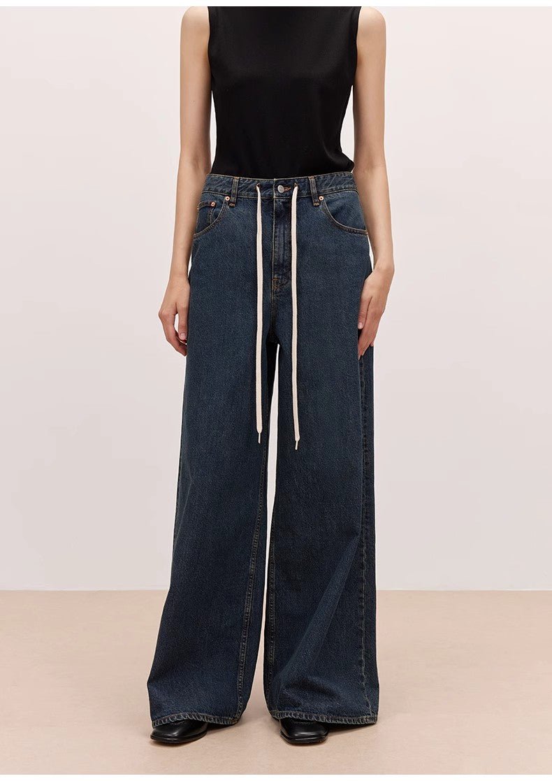 "Retro Blues" fashionable high waist pleated design washed casual wide leg jeans for women - variant_title