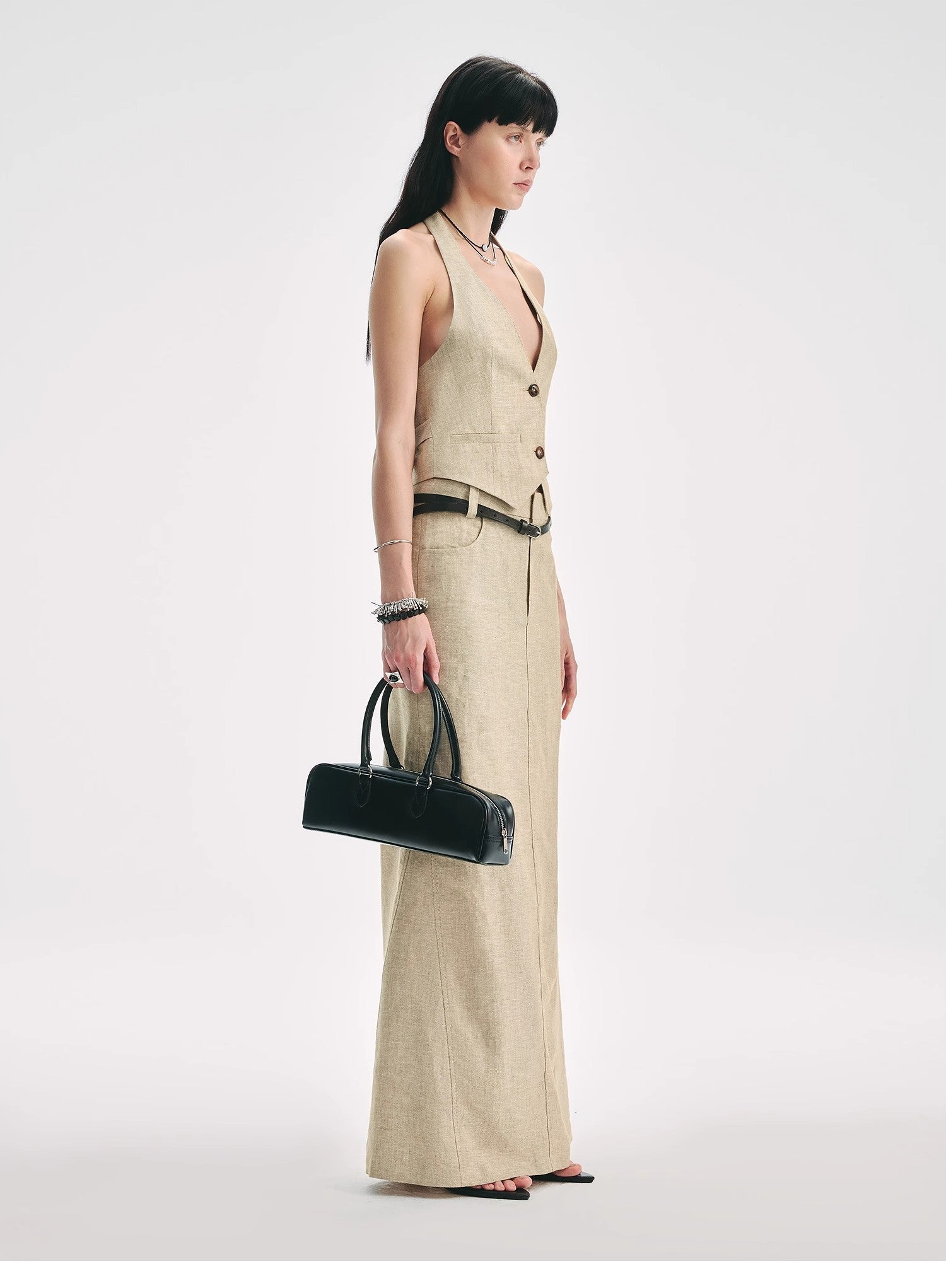 Retro Linen V - neck Halter Vest and Fishtail Hip Skirt Set"Old Money Weekly" - variant_title