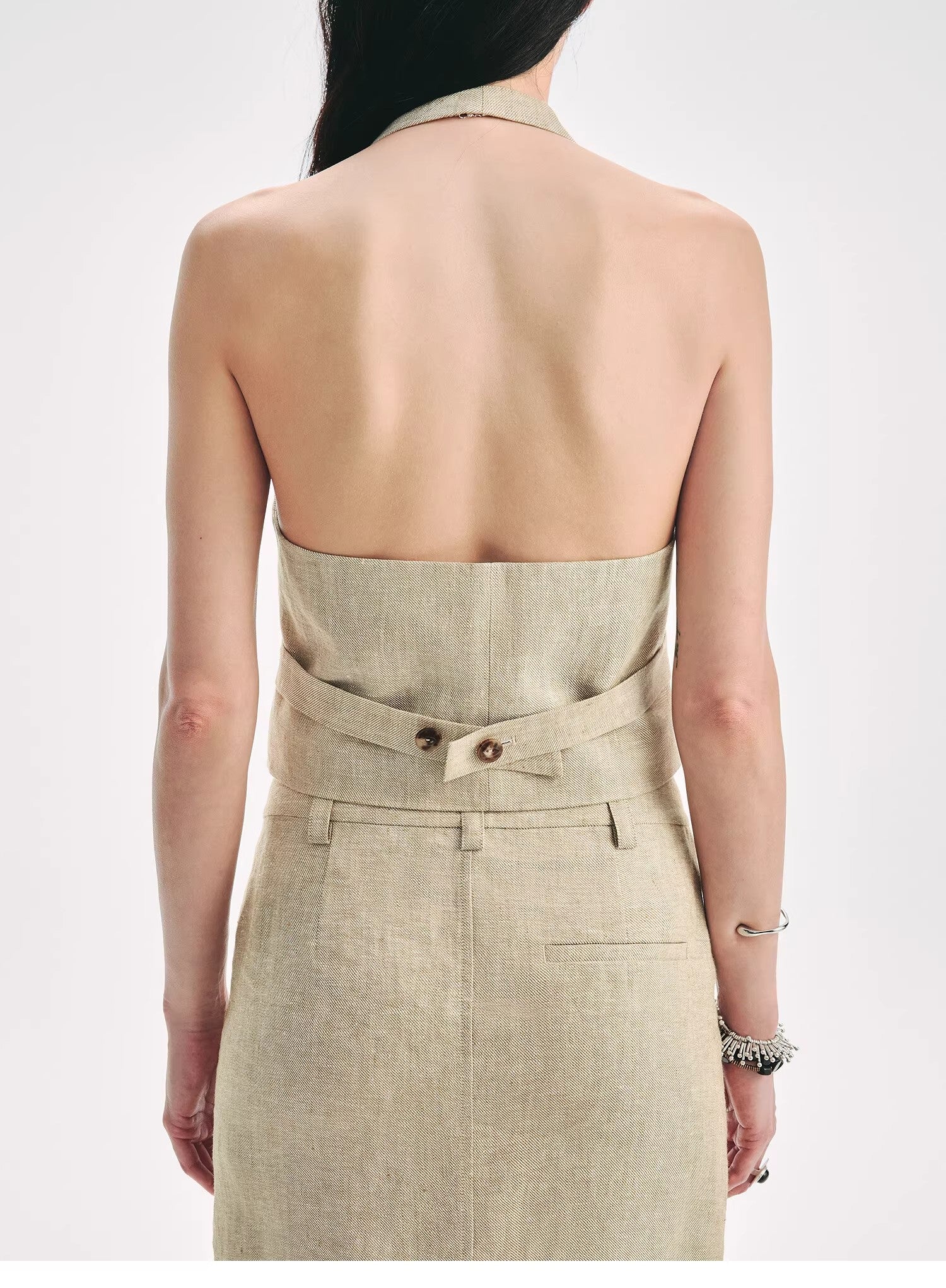 Retro Linen V - neck Halter Vest and Fishtail Hip Skirt Set"Old Money Weekly" - variant_title