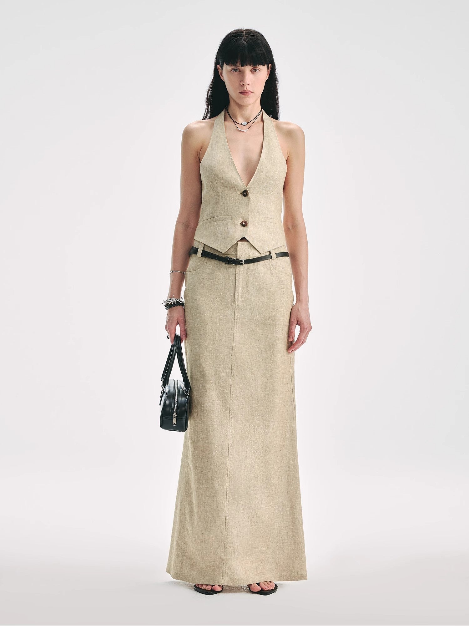 Retro Linen V - neck Halter Vest and Fishtail Hip Skirt Set"Old Money Weekly" - variant_title