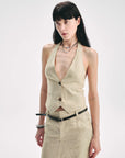 Retro Linen V - neck Halter Vest and Fishtail Hip Skirt Set"Old Money Weekly" - variant_title
