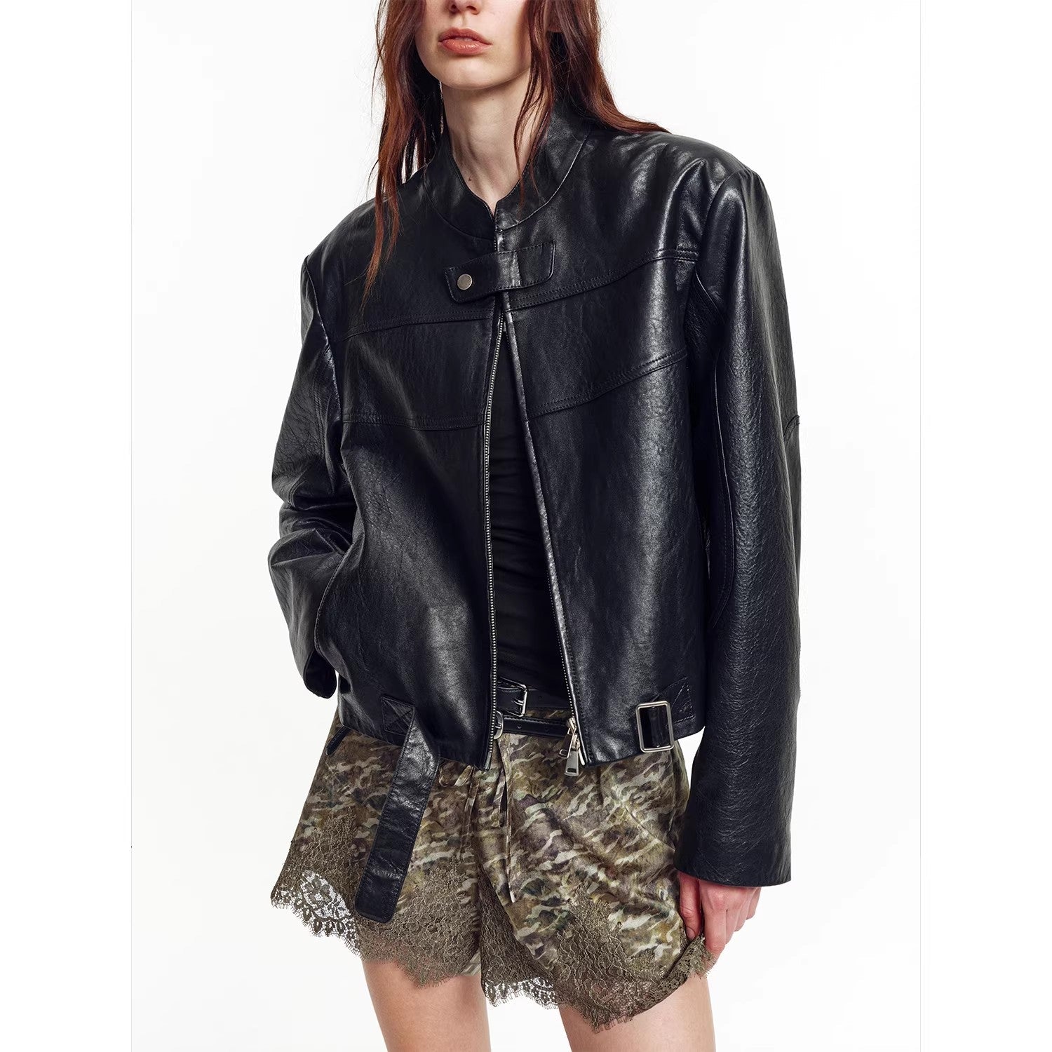 Retro Sheepskin Stand Collar Short Motorcycle Jacket “Caramel Mountain”
