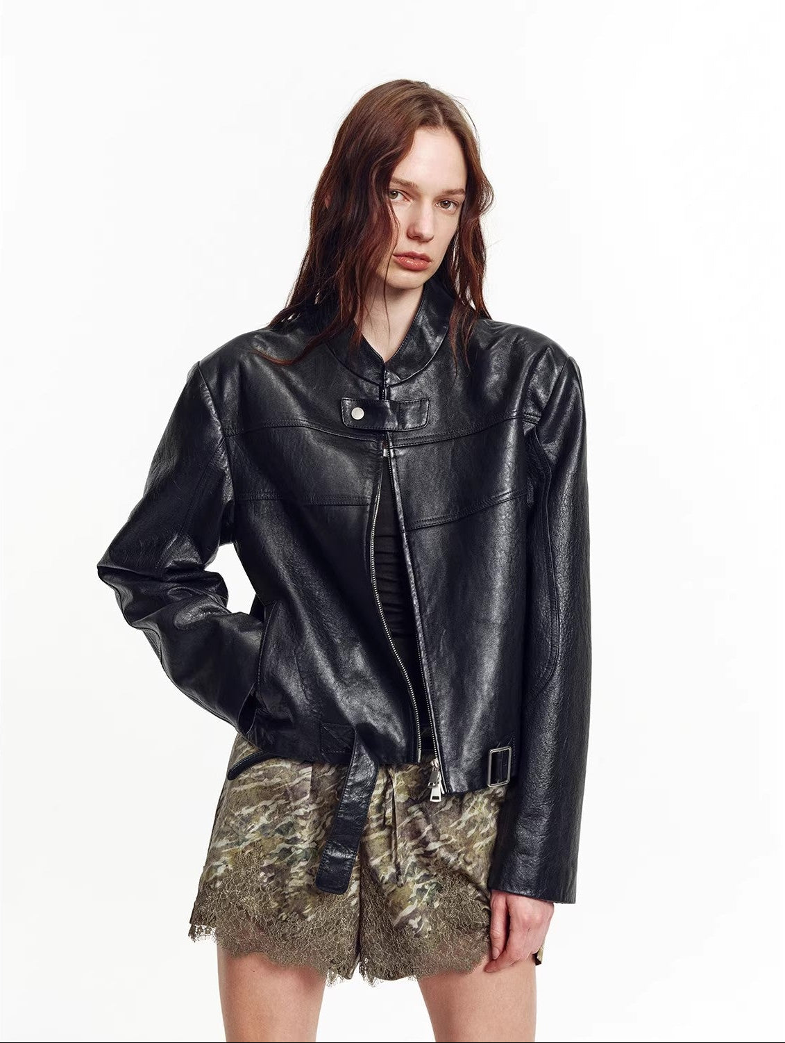 Retro Sheepskin Stand Collar Short Motorcycle Jacket “Caramel Mountain”