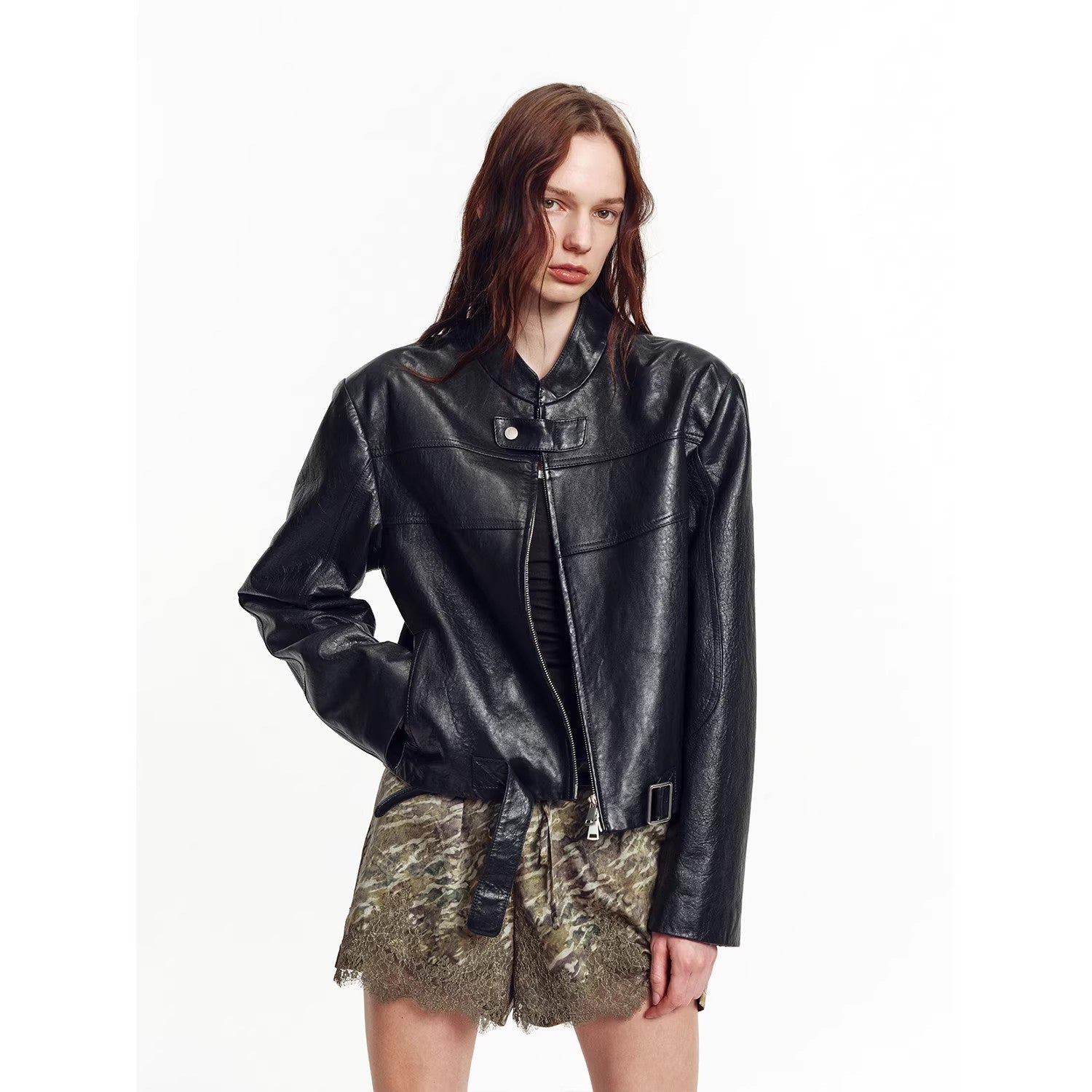 Retro Sheepskin Stand Collar Short Motorcycle Jacket “Caramel Mountain”
