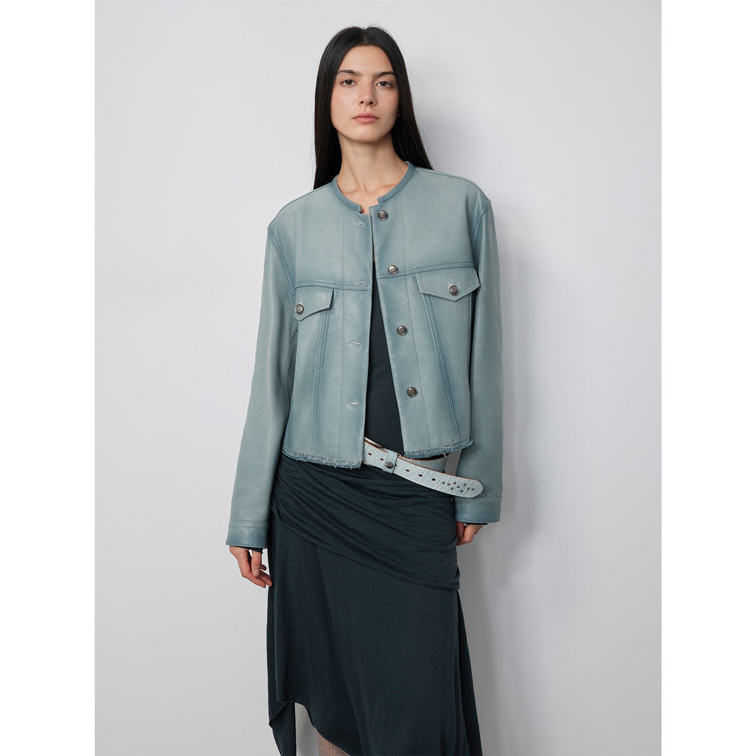 Retro Suede Sheep Leather Short Jacket with Structured Shoulders and Round Neck, Genuine Leather Outerwear "Sunset Escape"