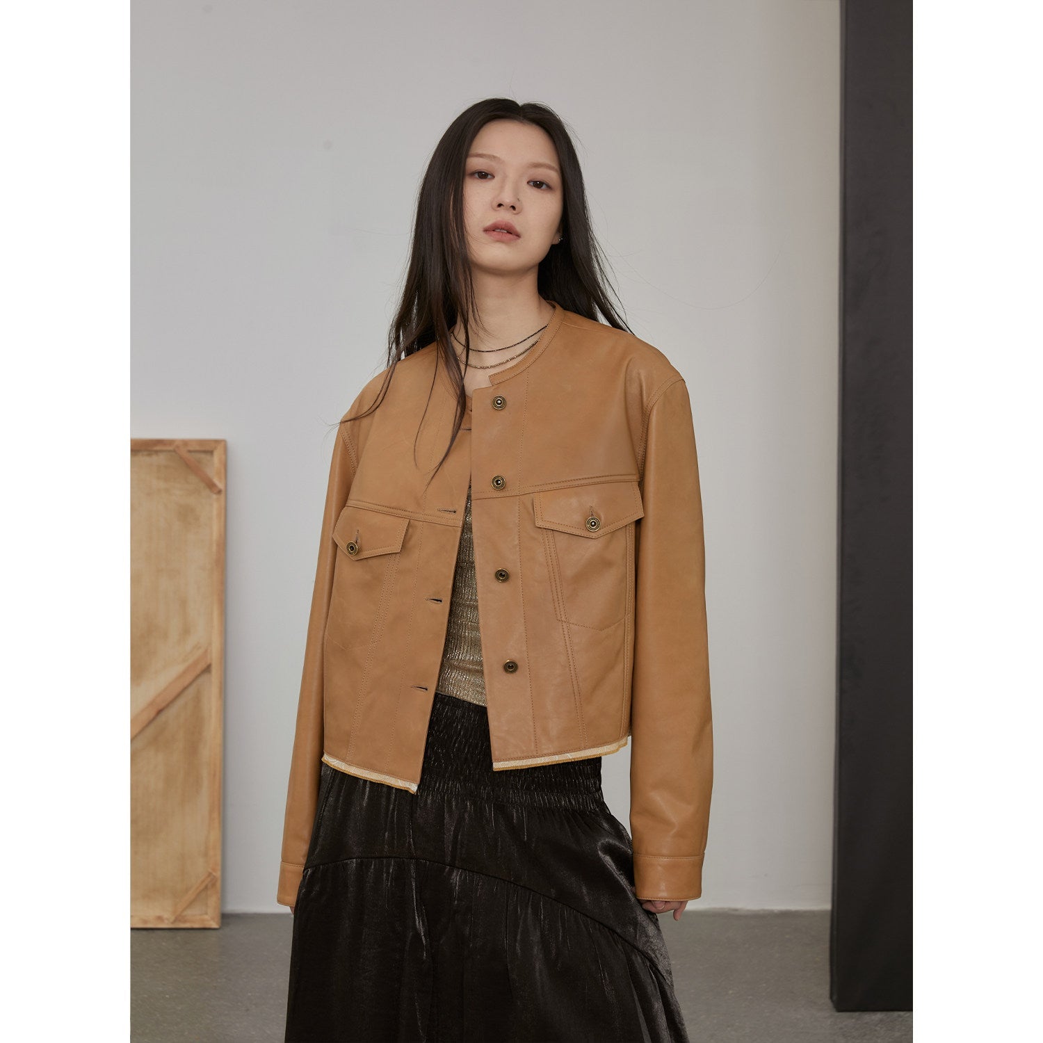 Retro Suede Sheep Leather Short Jacket with Structured Shoulders and Round Neck, Genuine Leather Outerwear "Sunset Escape"
