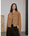 Retro Suede Sheep Leather Short Jacket with Structured Shoulders and Round Neck, Genuine Leather Outerwear "Sunset Escape"