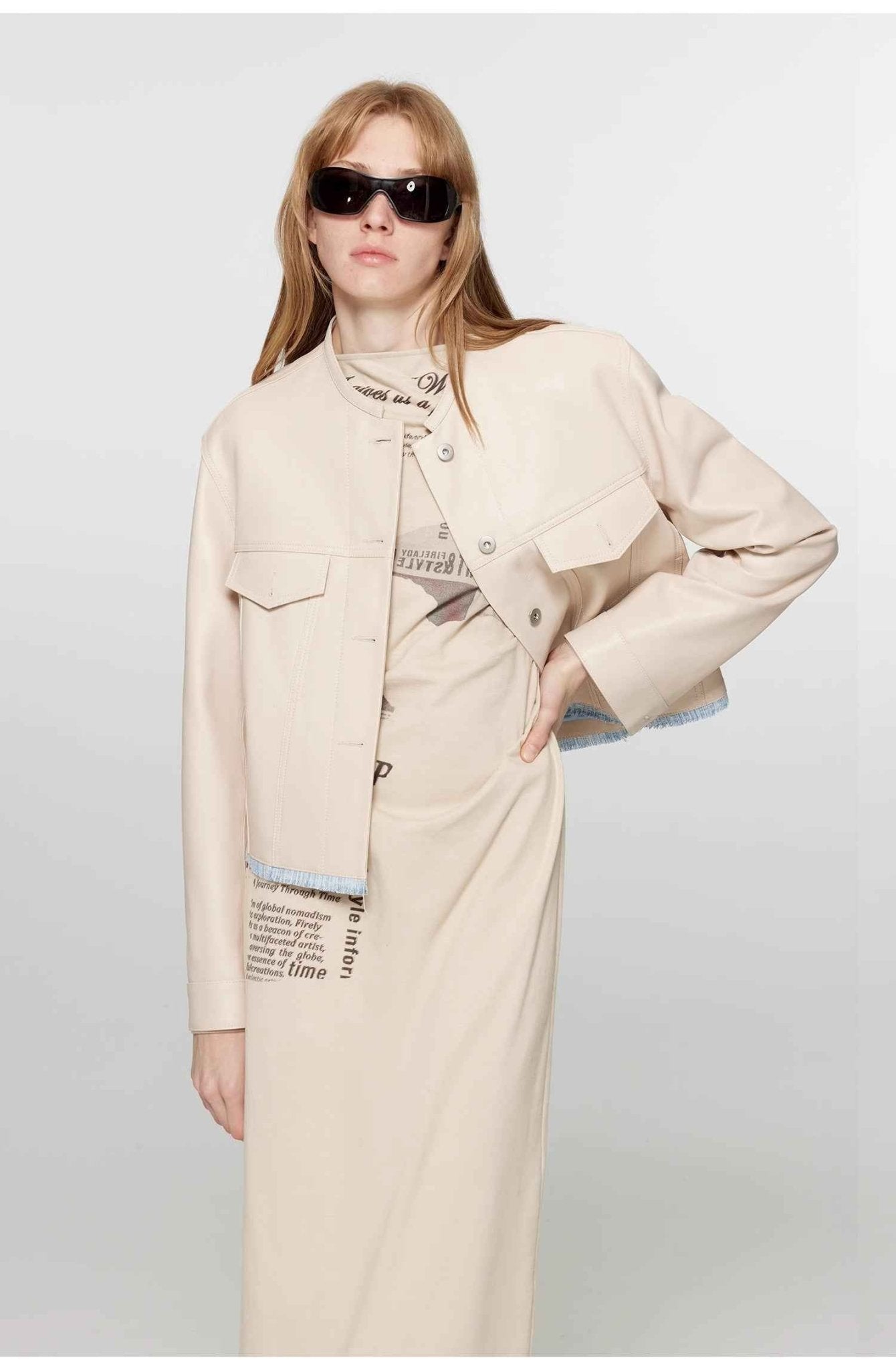 Retro Suede Sheep Leather Short Jacket with Structured Shoulders and Round Neck, Genuine Leather Outerwear "Sunset Escape" - variant_title