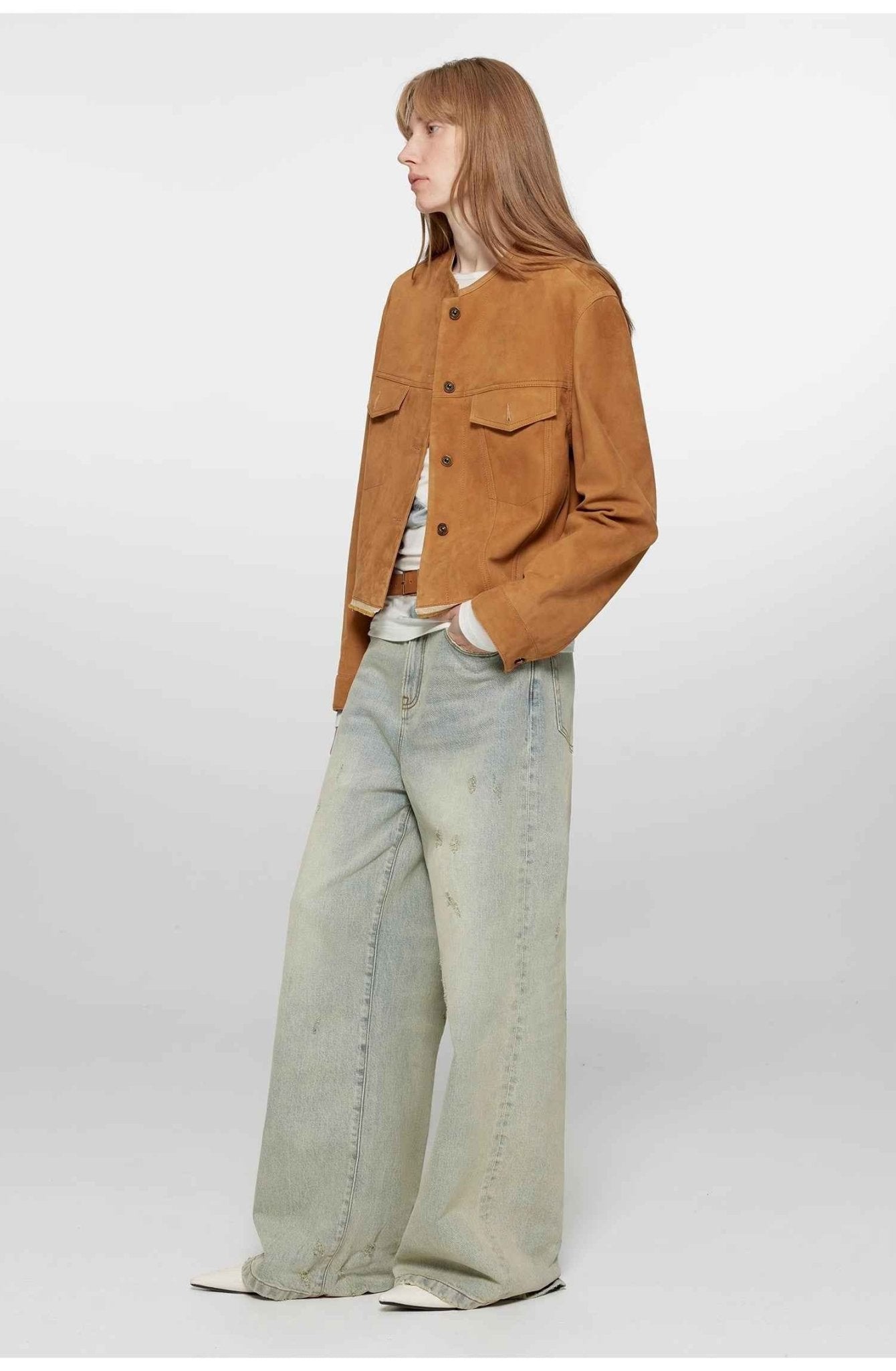 Retro Suede Sheep Leather Short Jacket with Structured Shoulders and Round Neck, Genuine Leather Outerwear "Sunset Escape" - variant_title