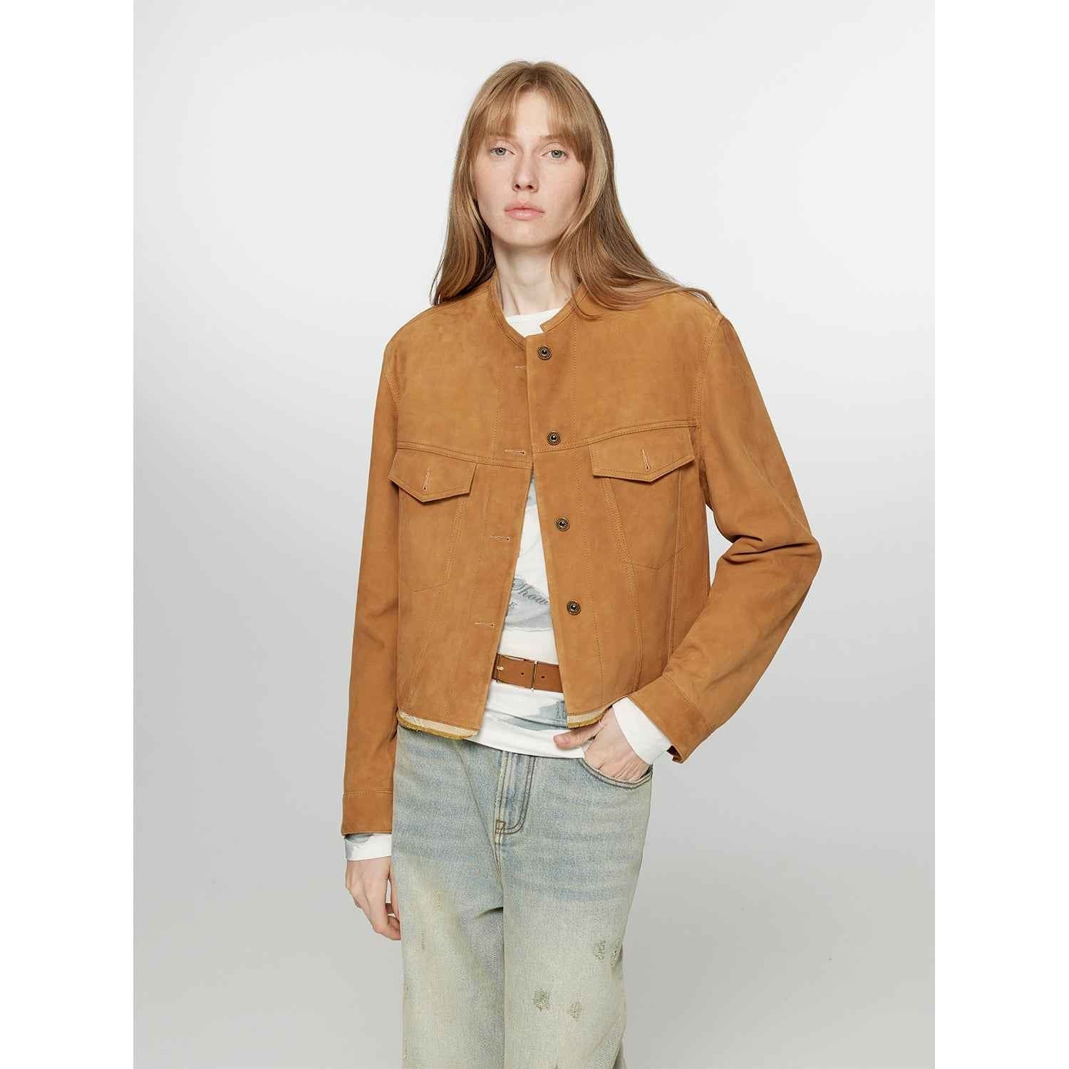 Retro Suede Sheep Leather Short Jacket with Structured Shoulders and Round Neck, Genuine Leather Outerwear "Sunset Escape" - variant_title
