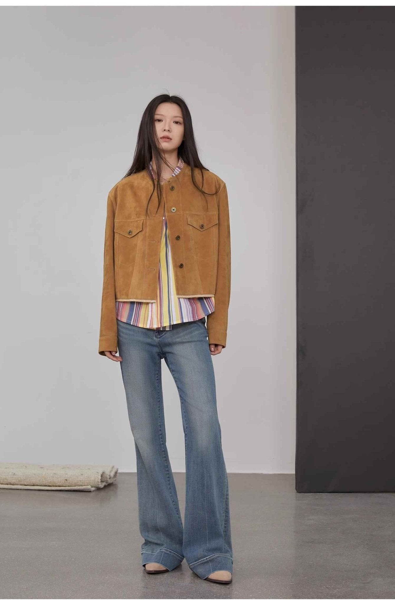 Retro Suede Sheep Leather Short Jacket with Structured Shoulders and Round Neck, Genuine Leather Outerwear "Sunset Escape" - variant_title