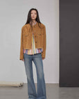 Retro Suede Sheep Leather Short Jacket with Structured Shoulders and Round Neck, Genuine Leather Outerwear "Sunset Escape" - variant_title
