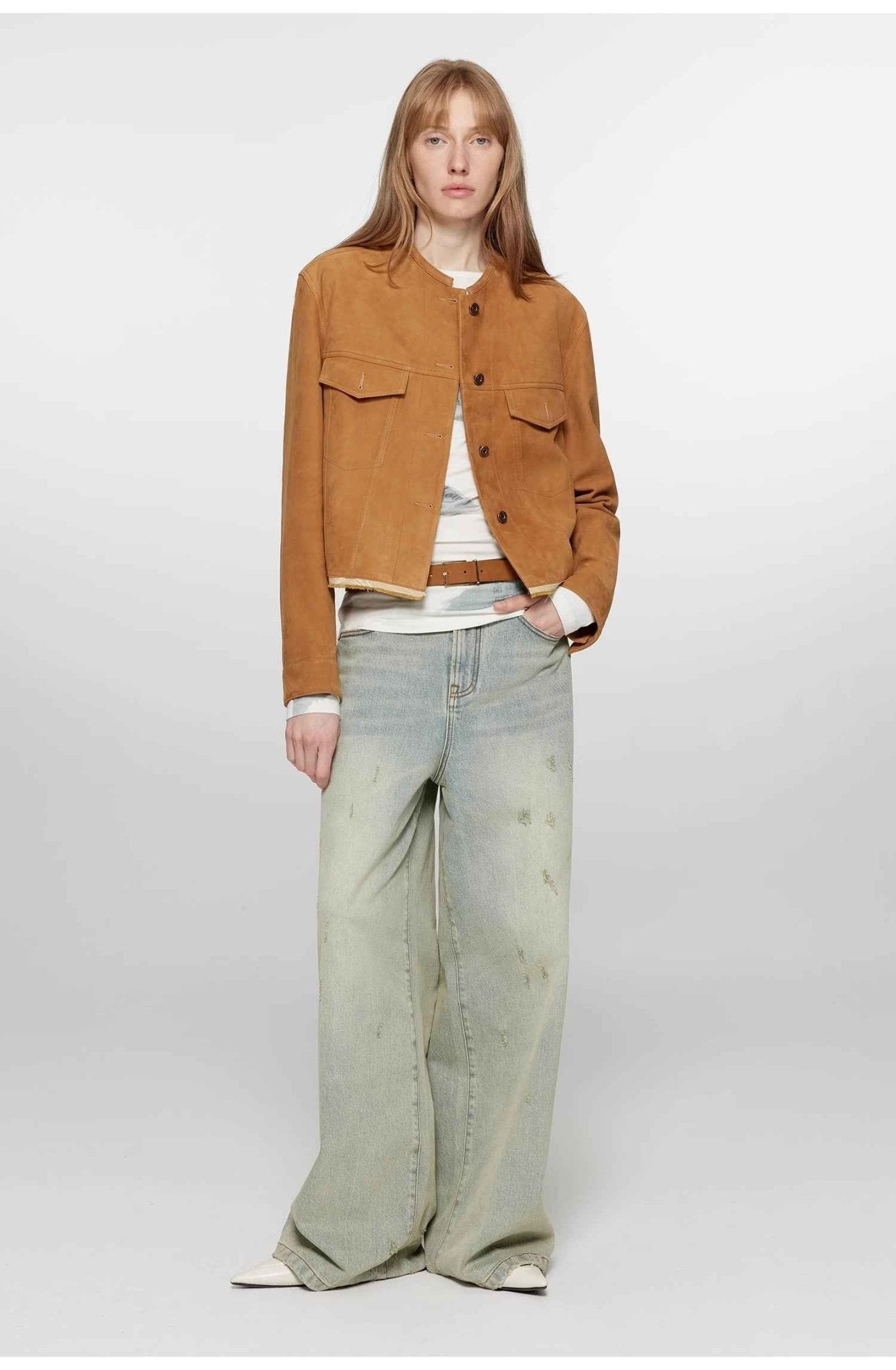 Retro Suede Sheep Leather Short Jacket with Structured Shoulders and Round Neck, Genuine Leather Outerwear "Sunset Escape" - variant_title